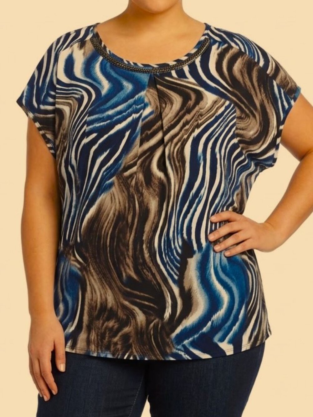 Dex Animal Print Short Sleeve Pull On Blouse w/Chain Decoration NEW- Sz. 1X